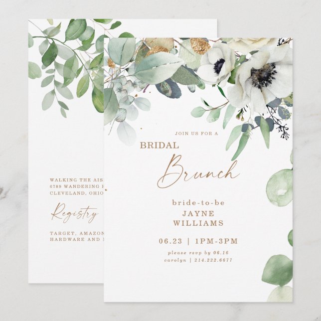 Invitación Bridal Brunch Vegetación Botánica Floral Blanca (Anverso / Reverso)
