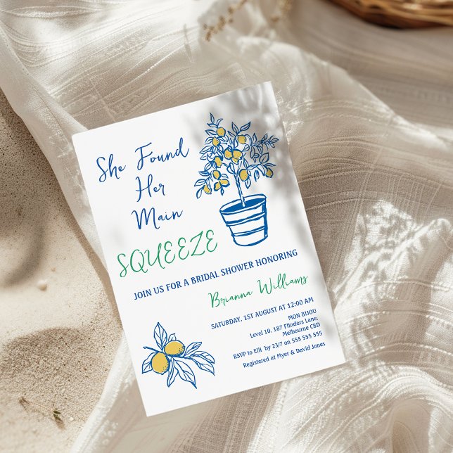 Invitación Bridal De Brigada De Limón De Squeeze Principal, I (Lemon Bridal Shower Invitation, She Found Her Main Squeeze Bridal Shower Invitation, Whimsical )