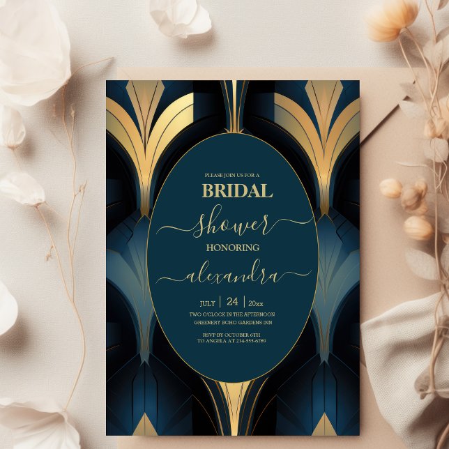 Invitación Bridal de lujo azul y oro Art Deco (Subido por el creador)