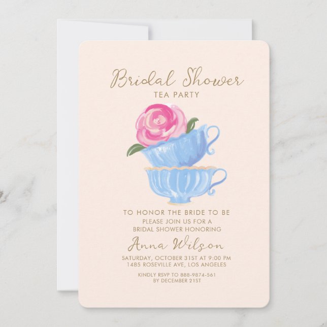 INVITACIÓN BRIDAL DUCHA FIESTA DE TÉ FLORES AZUL ROSA (Anverso)