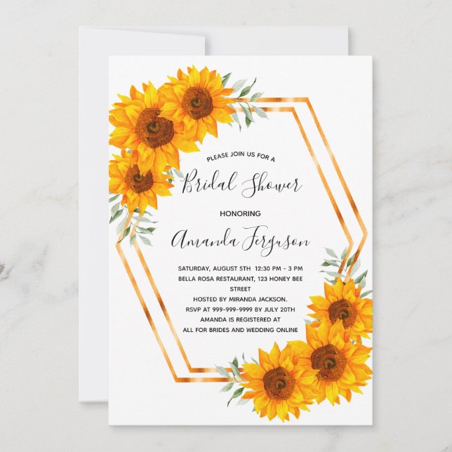 Invitación Bridal Ducha girasoles dorados geométrico elegante (Anverso)
