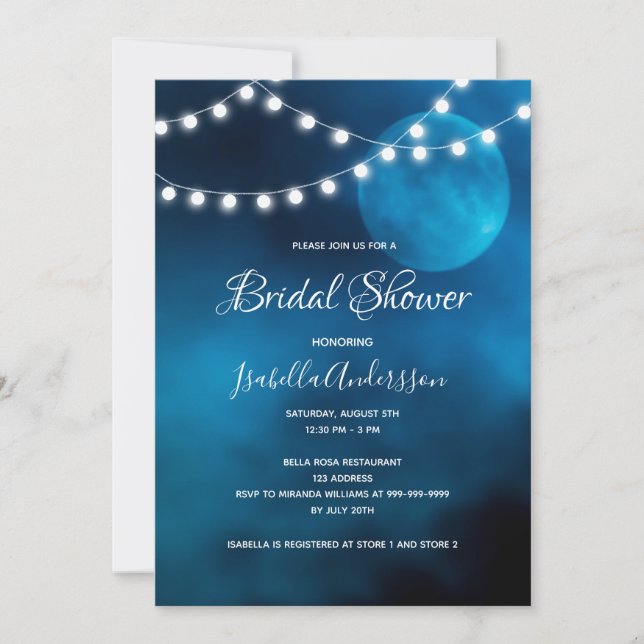 Invitación Bridal ducha luna azul luces de hadas románticas (Anverso)