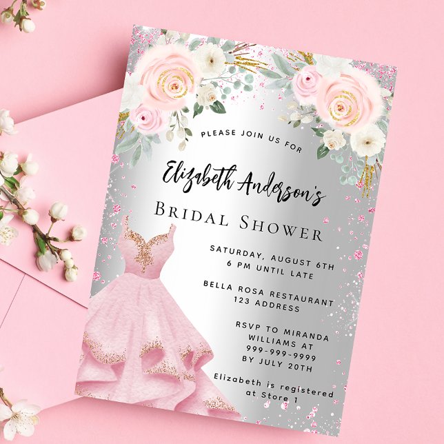 Invitación Bridal Ducha vestido rosa plateado purpurina glamo (Subido por el creador)