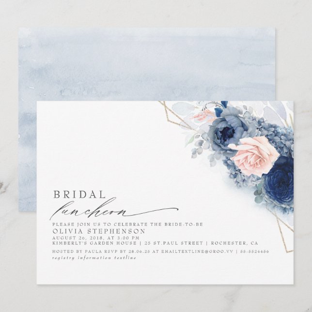 Invitación Bridal Luncheon Dusty Blue Pink Bridal Shower (Anverso / Reverso)