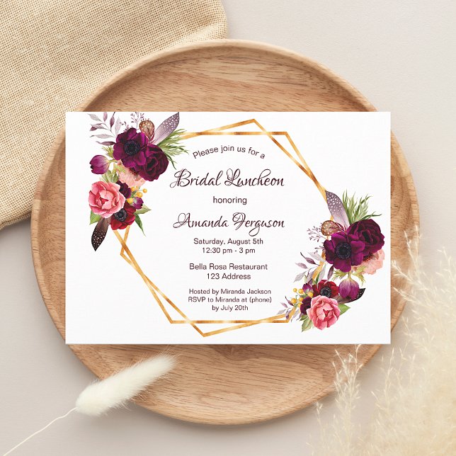 Invitación Bridal Luncheon floral geométrica burgundy blanco (Subido por el creador)