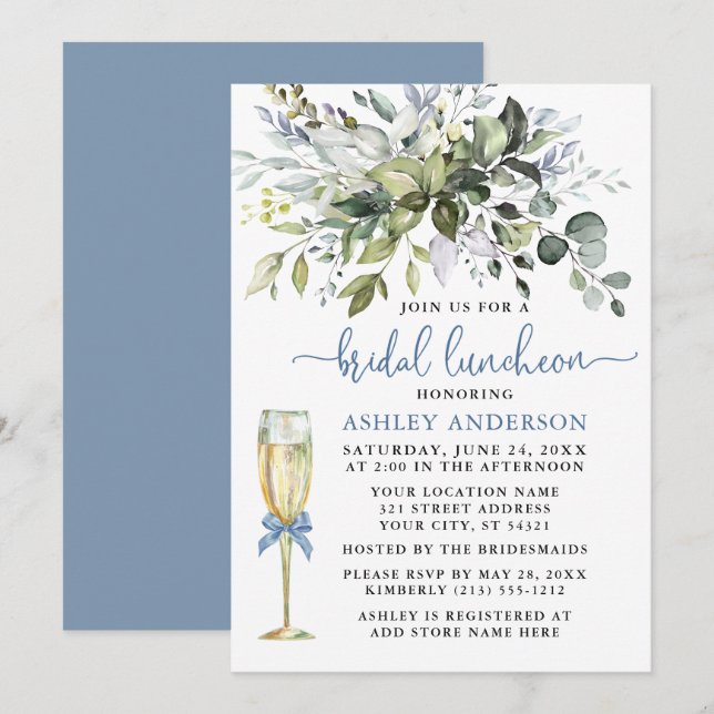 Invitación Bridal Luncheon Greenery Dusty Blue Glass (Anverso / Reverso)