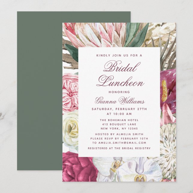 Invitación Bridal Luncheon Watercolor Floral Bridal Shower (Anverso / Reverso)