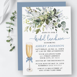 Invitación Bridal Luncheon Watercolor Greenery Dusty Blue Bow