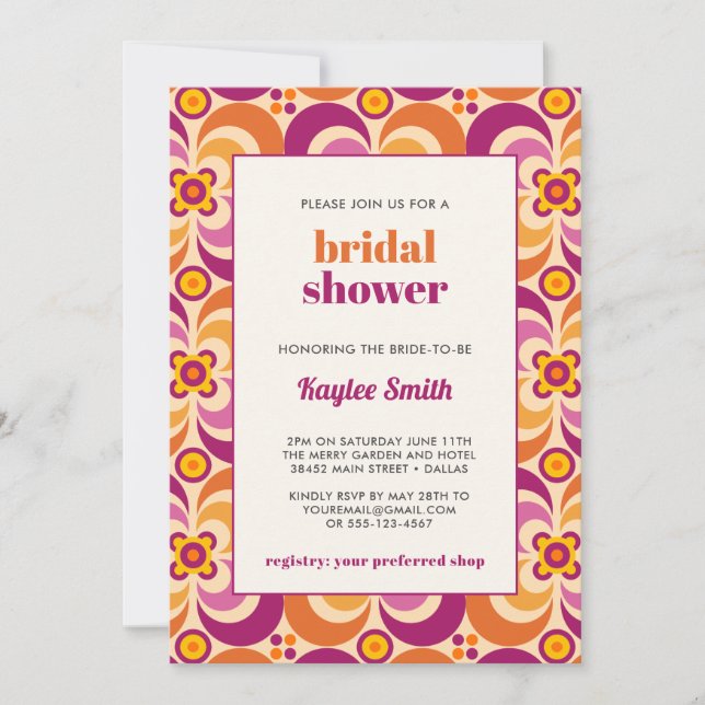 Invitación BRIDAL Naranja floral púrpura elegante de mediados (Anverso)