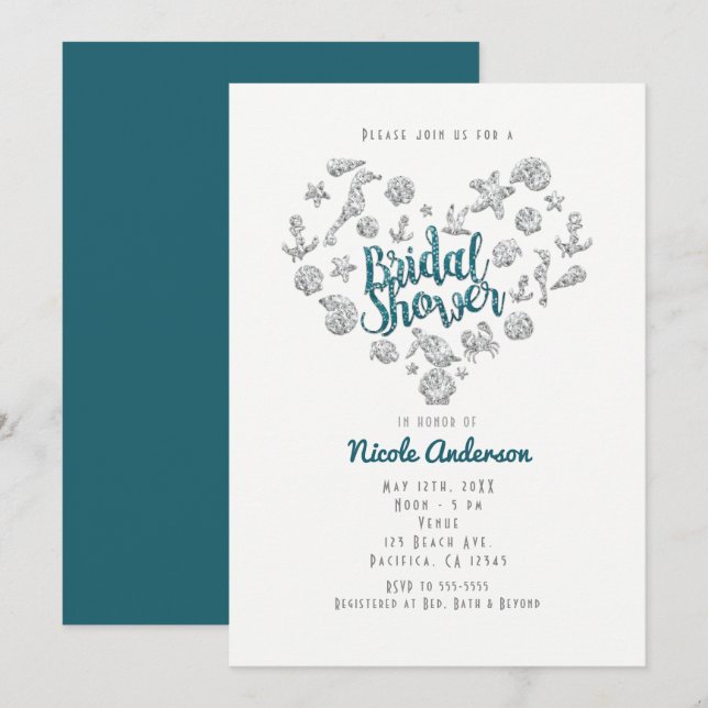 Invitación Bridal Shower Beach Glam Diamond Heart Invitacione (Anverso / Reverso)