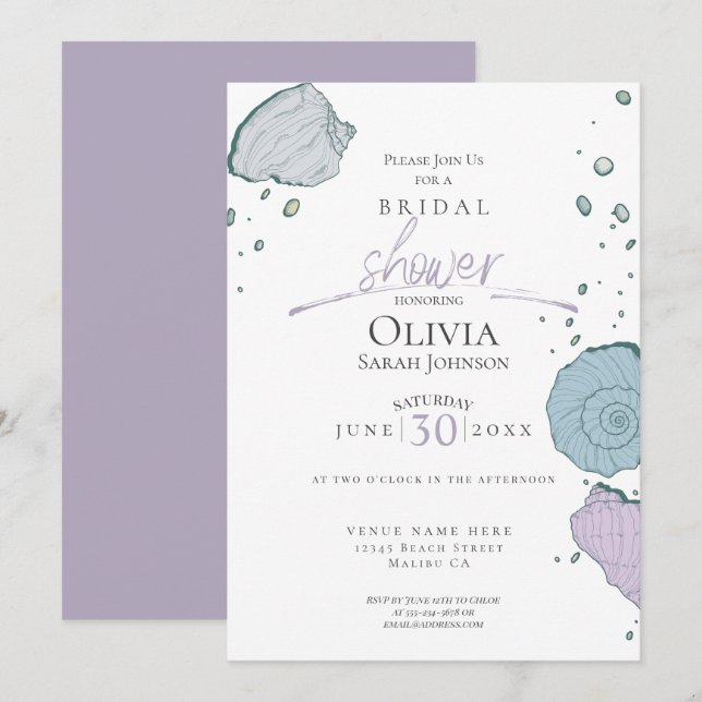 Invitación Bridal Shower | Beach Seashells Lilac Dusty Blue (Anverso / Reverso)