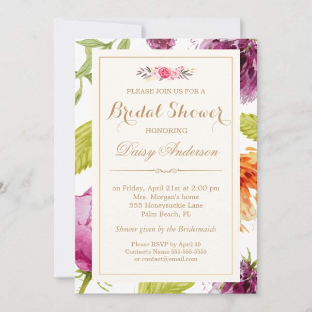 Invitación Bridal Shower Beautiful Floral Watercolor Peony (Anverso)
