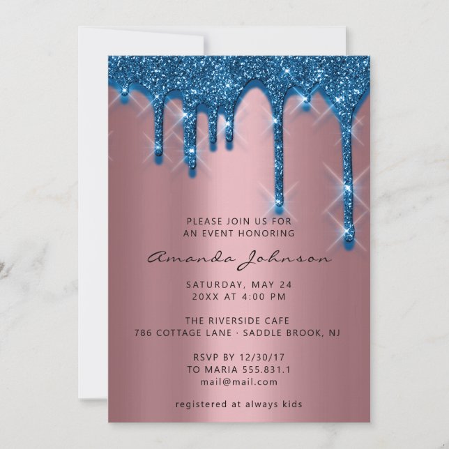 Invitación Bridal Shower Birthday 16th Gold 3D Drip Navy (Anverso)