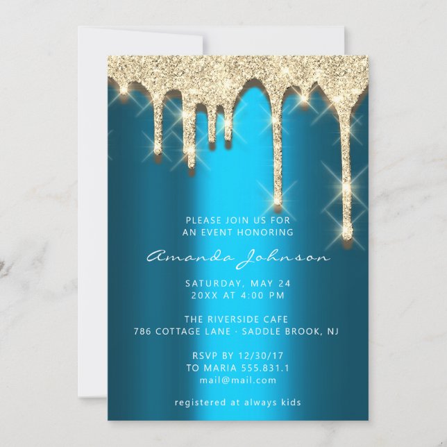 Invitación Bridal Shower Birthday 16th Gold 3D Drip Verde azu (Anverso)