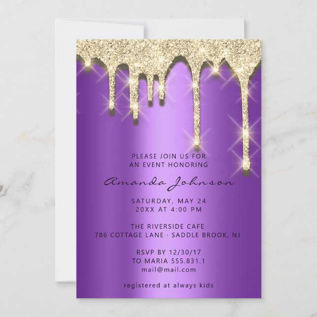 Invitación Bridal Shower Birthday 16th Gold 3D Purple (Anverso)