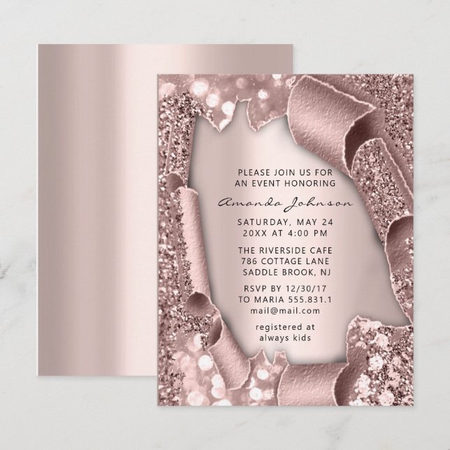 Invitación Bridal Shower Birthday SWEET 16º Rosa Purpurina 3D (Anverso / Reverso)