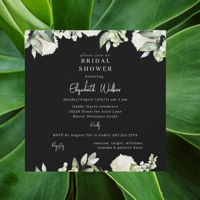 Invitación Bridal Shower Black White Hydrangea Square (Subido por el creador)