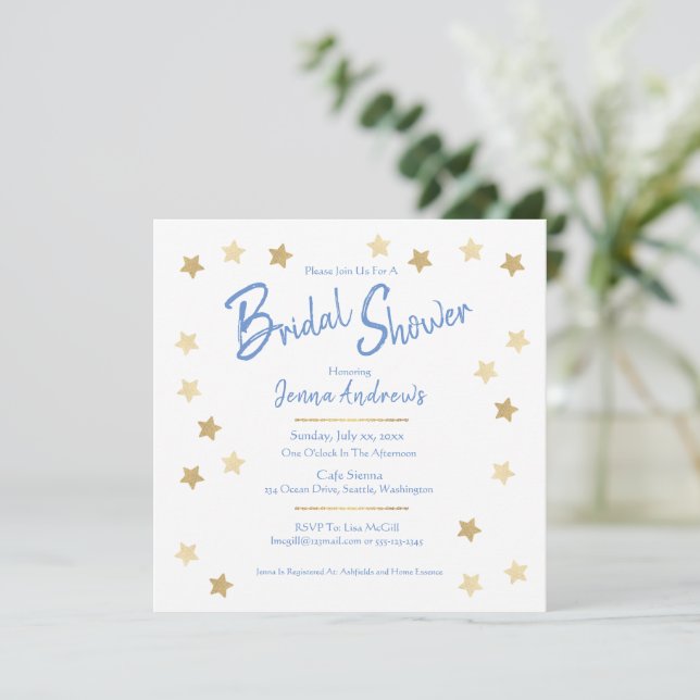 Invitación Bridal Shower Blue con estrellas de oro (Anverso de pie)