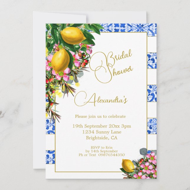 Invitación Bridal Shower Blue White Stripe Lemons Floral (Anverso)