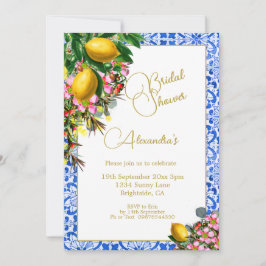 Invitación Bridal Shower Blue White Tile Lemons Floral