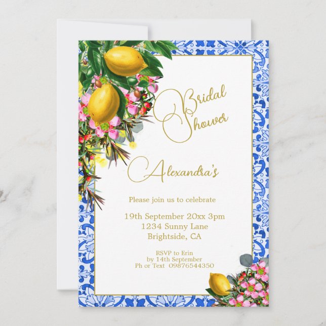 Invitación Bridal Shower Blue White Tile Lemons Floral (Anverso)