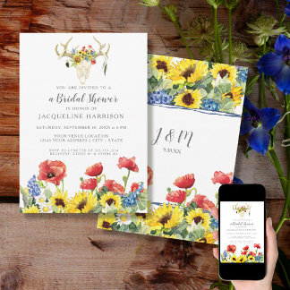 Invitación Bridal Shower BOHO Deer Skull Antler w Sunflowers