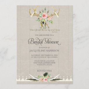 Invitación Bridal Shower BOHO Feathers Deer Antler Rosas Art