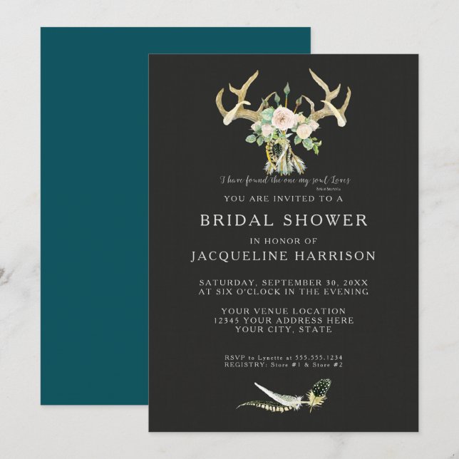 Invitación Bridal Shower BOHO Feathers Deer Antler Rosas Art (Anverso / Reverso)