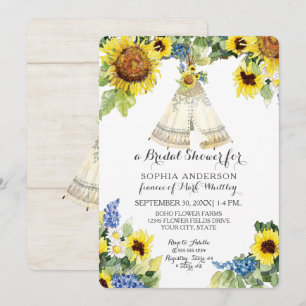 Invitación Bridal Shower BOHO Floral Teepee Sunflower Daisy