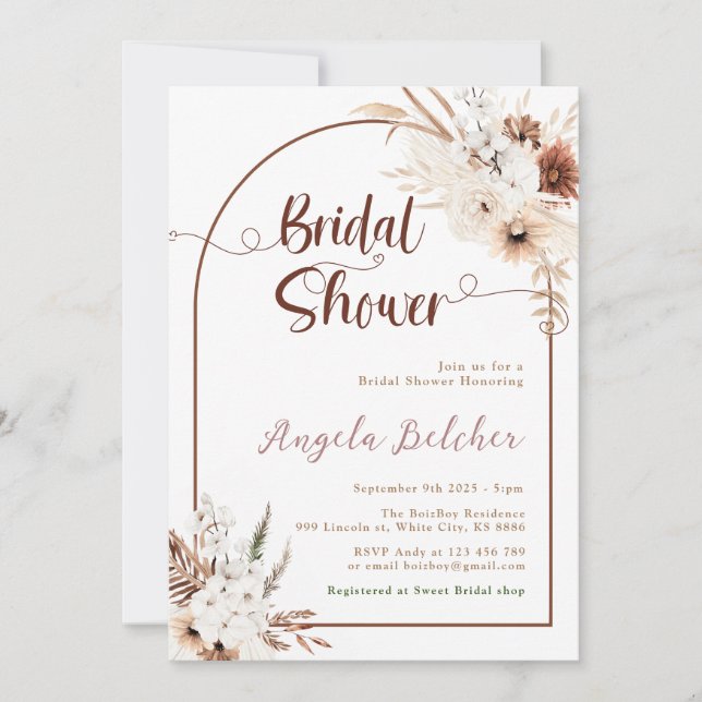 Invitación Bridal Shower Boho pampas Grass (Anverso)