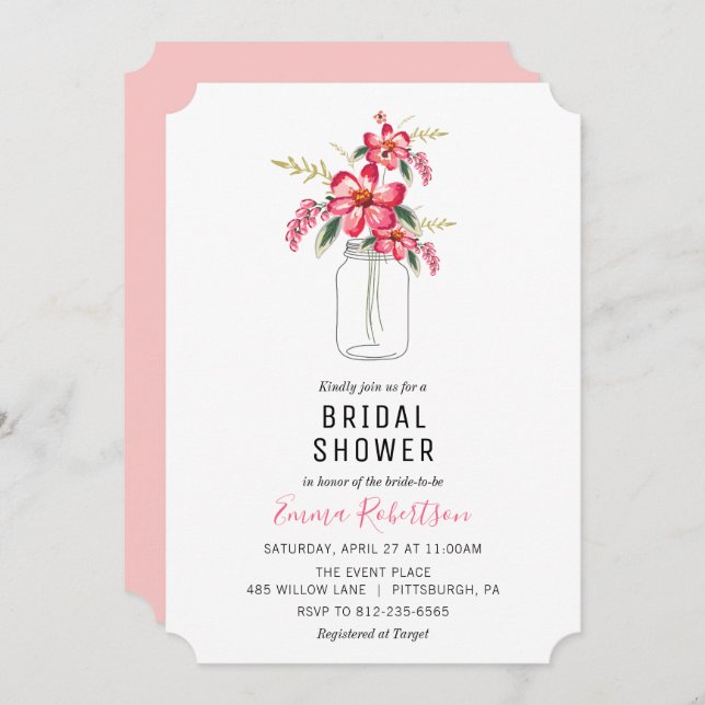 Invitación Bridal Shower Bouquet Mason Jar Shower Invitado (Anverso / Reverso)