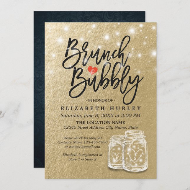 Invitación Bridal Shower Brunch Bubbly Mason Jar String Light (Anverso / Reverso)