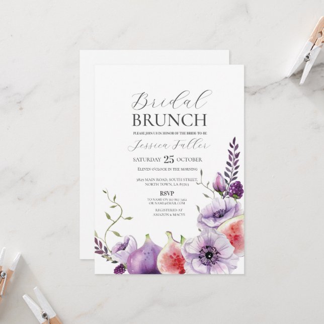 Invitación Bridal Shower Brunch Floral Purple Fig Fruto (Anverso/Reverso In Situ)