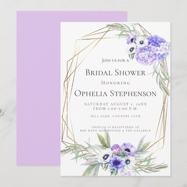 Invitación BRIDAL SHOWER | Buques Florales Violetas Anemónico (Anverso / Reverso)