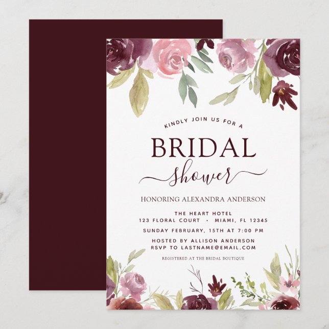 Invitación Bridal Shower Burgundy Elegante Primavera Floral (Anverso / Reverso)