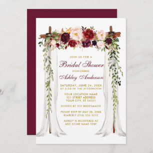 Invitación Bridal Shower Burgundy Floral Canopy Gold