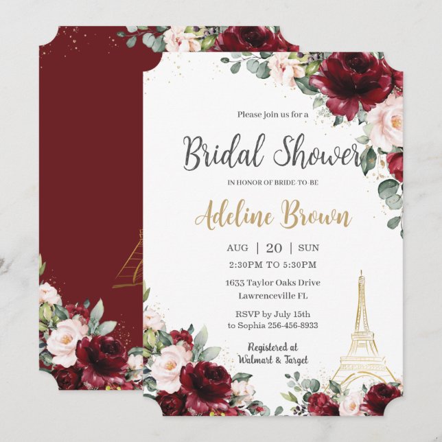 Invitación Bridal Shower Burgundy Rubor Floral Eiffel París (Anverso / Reverso)