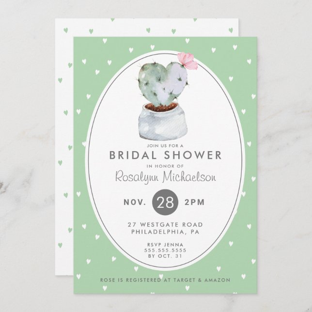 Invitación BRIDAL SHOWER | Cactus acuarela Pastel (Anverso / Reverso)