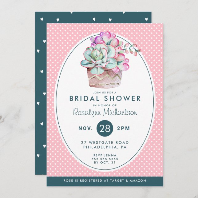 Invitación BRIDAL SHOWER | Cactus acuarela Pastel (Anverso / Reverso)