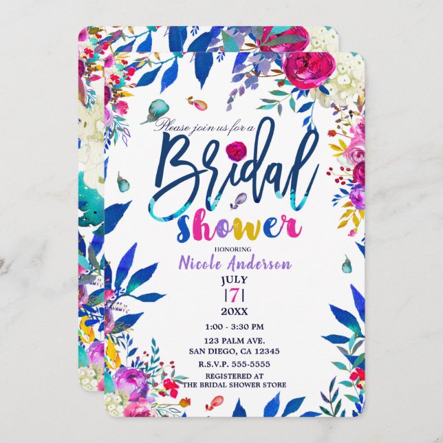 Invitación Bridal Shower Colorful Bright Bold Flores florales (Anverso / Reverso)