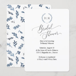 Invitación Bridal Shower con monograma de laurel azul