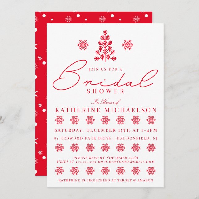 Invitación BRIDAL SHOWER | Copos de nieve del árbol de Navida (Anverso / Reverso)