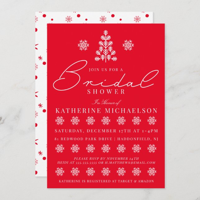 Invitación BRIDAL SHOWER | Copos de nieve del árbol de Navida (Anverso / Reverso)