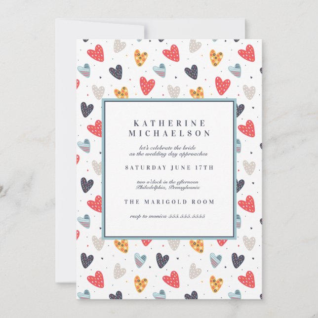Invitación BRIDAL SHOWER | Corazones de Doodle (Anverso)