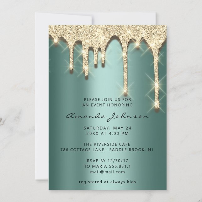 Invitación Bridal Shower Cumpleaños 16 Oro 3D Verde (Anverso)