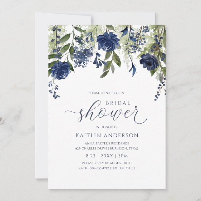 Invitación Bridal Shower Dark Blue Wildflower Greeneration (Anverso)