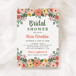 Invitación Bridal Shower de Naranja floral y Rubor caprichosa
