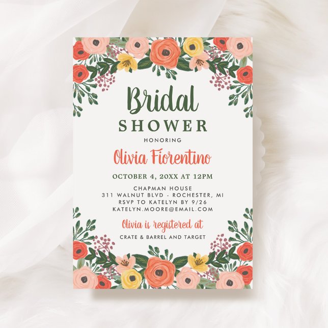 Invitación Bridal Shower de Naranja floral y Rubor caprichosa (Subido por el creador)