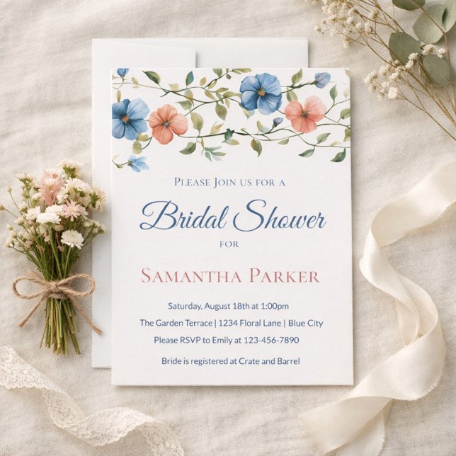 Invitación Bridal Shower Dusty Blue Elegant Wildflower (Subido por el creador)