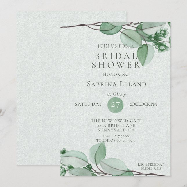 Invitación Bridal Shower | Elegante acuarela Eucalipto (Anverso / Reverso)